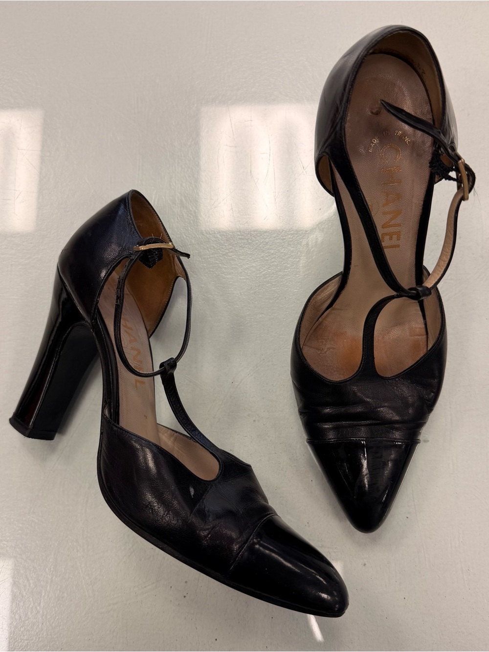 CHANEL Black Leather T-Strap Pointed Toe Heels